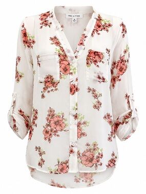 Tea n Rose Floral Sheer Blouse Medium White Pink Boho Top